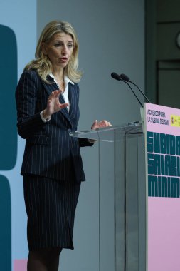 Minister of Labor and Social Economy, Yolanda Diaz during the signing of the agreement to raise the SMI, at the Ministry of Labor and Social Economy on 10 February 2025 in Madrid Spain clipart