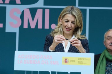 Minister of Labor and Social Economy, Yolanda Diaz during the signing of the agreement to raise the SMI, at the Ministry of Labor and Social Economy on 10 February 2025 in Madrid Spain clipart