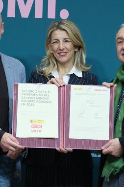 Minister of Labor and Social Economy, Yolanda Diaz during the signing of the agreement to raise the SMI, at the Ministry of Labor and Social Economy on 10 February 2025 in Madrid Spain clipart