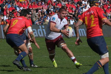 İspanya ile Gürcistan arasındaki Rugby Avrupa Şampiyonası maçı sırasında Gürcistan 'ın oyuncuları 16 Şubat 2025 tarihinde İspanya' nın Madrid kentinde Estadio Central UCM 'de.