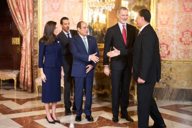  King Felipe VI of Spain and Queen Letiza of Spain  receive the President of the Arab Republic of Egypt Abdel Fattah Al Sisi for lunch at the Royal Palace on February 19 2025 in Madrid Spain clipart