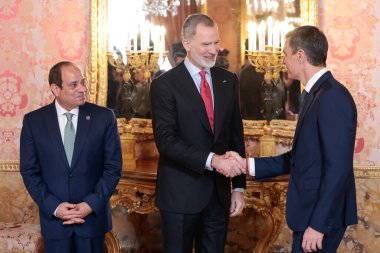  İspanya Kralı VI. Felipe ve İspanya Kraliçesi Letiza, Mısır Arap Cumhuriyeti Başkanı Abdel Fatah Al Sisi 'yi 19 Şubat 2025 tarihinde Madrid' deki Kraliyet Sarayı 'nda öğle yemeği için kabul etti.