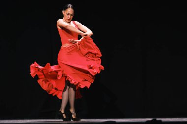 3 Mart 2025 'te Madrid' de Alveniz Tiyatrosu 'nun sahnesinde Bizet' in CARMEN performansı sırasında Flamenko bale dansçıları