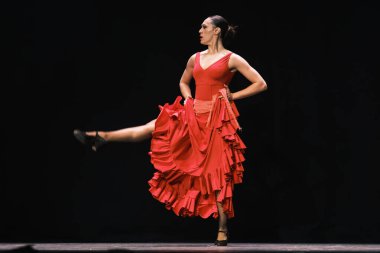 3 Mart 2025 'te Madrid' de Alveniz Tiyatrosu 'nun sahnesinde Bizet' in CARMEN performansı sırasında Flamenko bale dansçıları