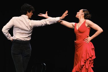 3 Mart 2025 'te Madrid' de Alveniz Tiyatrosu 'nun sahnesinde Bizet' in CARMEN performansı sırasında Flamenko bale dansçıları