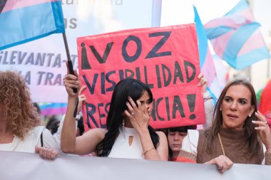 Trans protestocular, 29 Mart 2025 'te Madrid' deki Gran Via 'da Trans topluluğuna yapılan saldırıları kınayan bir gösteri sırasında,