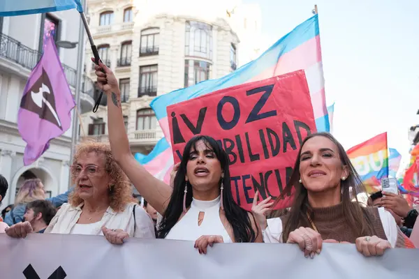 Trans protestocular, 29 Mart 2025 'te Madrid' deki Gran Via 'da Trans topluluğuna yapılan saldırıları kınayan bir gösteri sırasında,