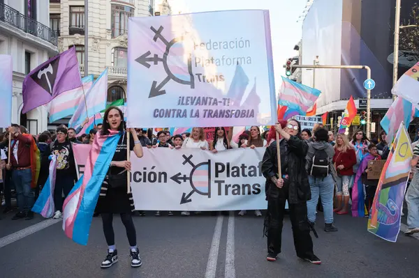 Trans protestocular, 29 Mart 2025 'te Madrid' deki Gran Via 'da Trans topluluğuna yapılan saldırıları kınayan bir gösteri sırasında,