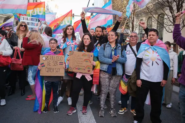 Trans protestocular, 29 Mart 2025 'te Madrid' deki Gran Via 'da Trans topluluğuna yapılan saldırıları kınayan bir gösteri sırasında,