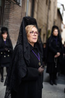 17 Nisan 2025 'te Madrid sokaklarında Nazareth' li babamız İsa 'nın geçit töreni sırasında Madrid, İspanya' da.