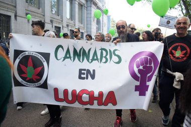 Madrid 'deki Küresel Marihuana Yürüyüşü sırasında 10 Mayıs 2025' te Plaza de Cibeles, İspanya
