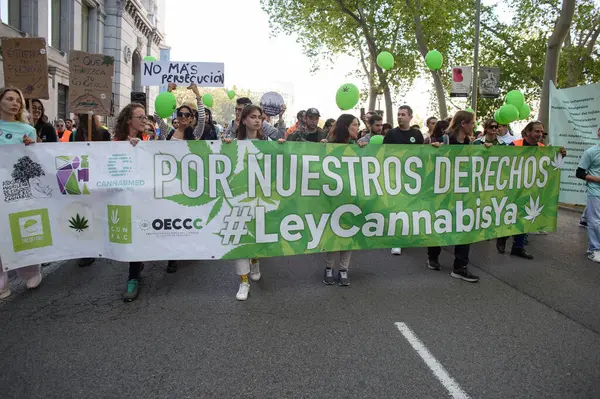 Madrid 'deki Küresel Marihuana Yürüyüşü sırasında 10 Mayıs 2025' te Plaza de Cibeles, İspanya