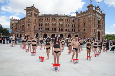 Boğa güreşini protesto eden insanlar 11 Mayıs 2025 'te Madrid' deki Las Ventas boks ringinin önünde kan taklidi yapmak için vücutlarına kırmızı boya döküyorlardı. İspanya