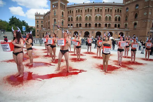 Boğa güreşini protesto eden insanlar 11 Mayıs 2025 'te Madrid' deki Las Ventas boks ringinin önünde kan taklidi yapmak için vücutlarına kırmızı boya döküyorlardı. İspanya