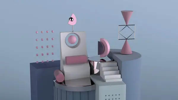 Küp, silindir, top, yarımküre gibi geometrik şekillerden oluşan bir arka plan.