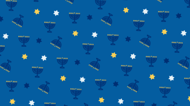 Hanuka arkaplanı mavi ve sarı renklerde. Hanuka sembolleri: menorah, mumlar ve Davut yıldızları. Hanuka, dini, geleneksel, Yahudi ve bayram animasyonları için mükemmel..