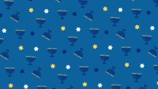 Hanukkah Tło Niebiesko Żółtych Kolorach Symbolami Chanuki Menora Świece Gwiazdy — Wideo stockowe