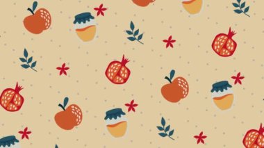 Sembollü Rosh Hashanah arkaplanı: elmalar, nar ve balın dikişsiz döngüsü. Rosh Hashanah için mükemmel, dini, geleneksel, Yahudi ve tatil videoları..