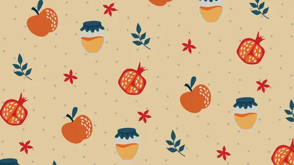 Sembollü Rosh Hashanah arkaplanı: elma, nar ve bal. Rosh Hashanah için mükemmel, dini, geleneksel, Yahudi ve tatil projeleri.