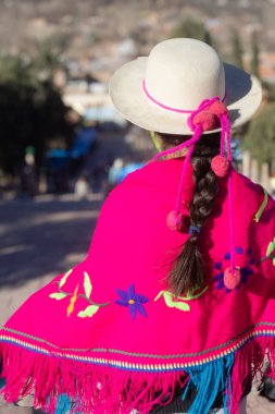 Humahuaca parkındaki genç coya kadını. Sokak manzarası bulanık. Arjantin 'in kuzeyi. Uluslararası turizm kartpostalı. Aborjin el işi pazarları .