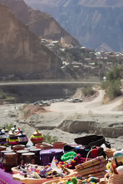 stock image Craft markets of Iruya in the streets.aboriginal craft markets in the streets.crafts of Salta with the village in the background. International tourism