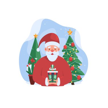 Noel Baba bir hediye kutusu tutuyor.