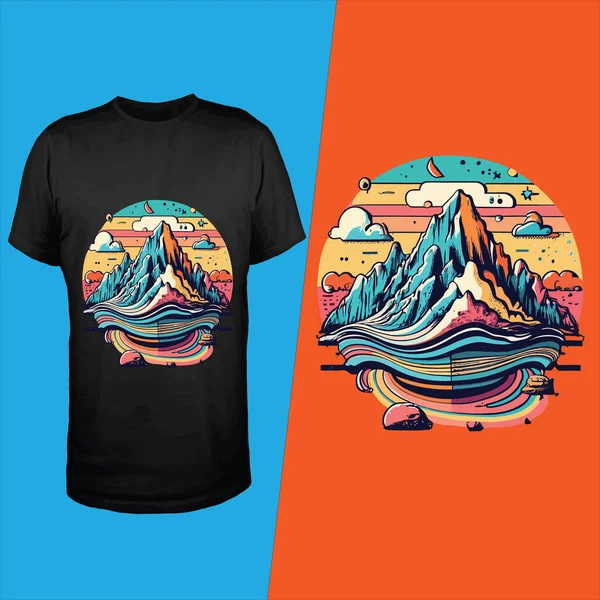 stock vector Black T-Shirt mockup of colorful mountain with a rainbow colored background