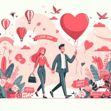 Bir adam ve bir kadın el ele tutuşuyor ve kalp şeklinde bir balon tutuyor.