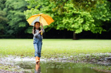 cute girl  with  umbrella in park in autumn season