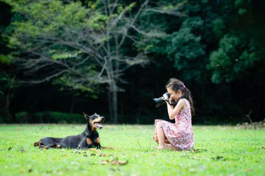 Parkta bir köpeğin fotoğrafını çeken Asyalı kız. 