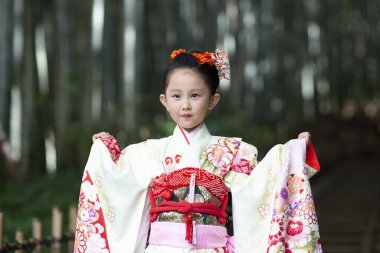 Park 'ta geleneksel Japon kimonolu Asyalı kız. 