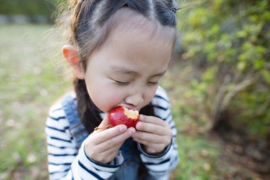 Asyalı kız dışarıda kırmızı elma yiyor.