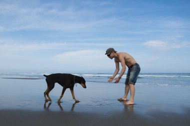 Kumsalda köpekli genç Asyalı adam. 
