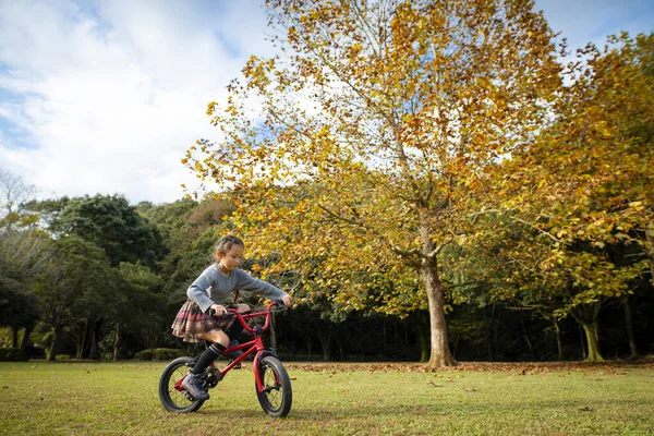 Chica Montando Una Bicicleta Otoño — Foto de Stock