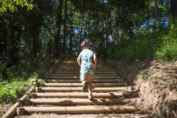 Girl climbing the stairs in the forest