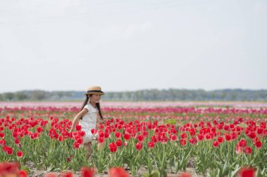 Tatlı Asyalı kız lale tarlasında eğleniyor.