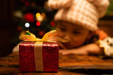 Noel ağacının önünde hediyeli bir kız. Yeni yıl arifesi