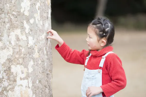 Dívka Dotýkající Stromu Venku — Stock fotografie