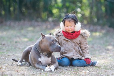 Parkta köpeği olan küçük kız. 