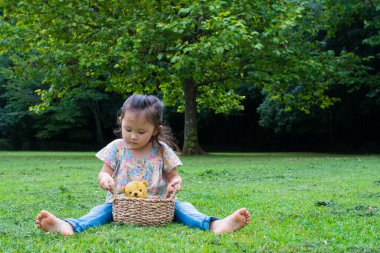 little asian girl with teddy bear  in park.