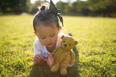 TEDDY AYI Kahverengi Çimenlerin üzerinde eşarp