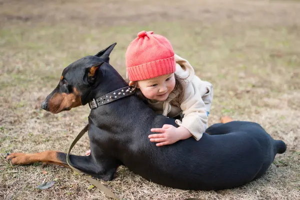 young girl with a big dog playing in park