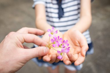 Ebeveyn ve çocuk küçük çiçekler dağıtıyor