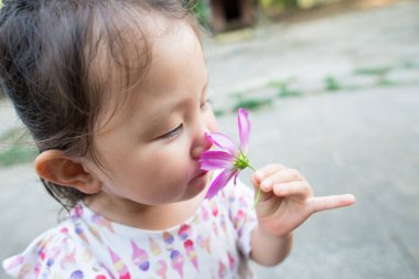 Kız kozmos çiçeğinin kokusunu alıyor.