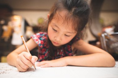 Evde ciddi ciddi çalışan bir kız.