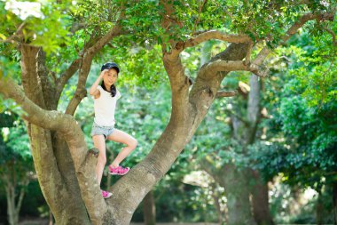 Ormanda ağaca tırmanan bir kız