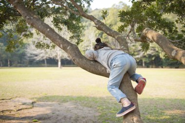 Ormandaki ağaca tırmanan kız.