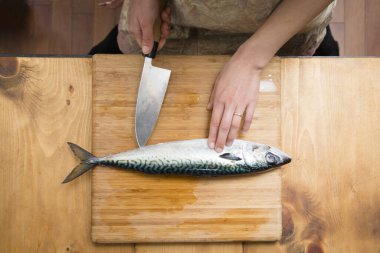 Gemide balık pişiren kadın