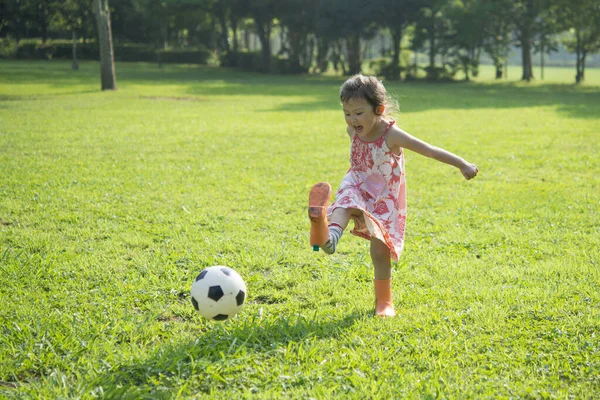 Sevimli mutlu küçük kız yaz parkında çimlerin üzerinde top oynuyor.