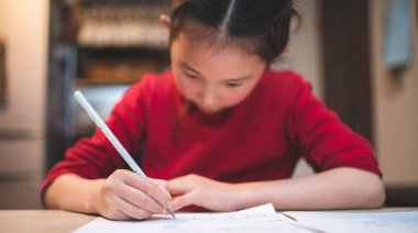 Evde ciddi ciddi çalışan bir kız.